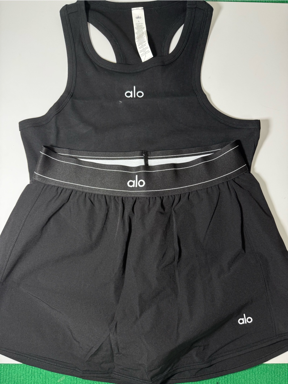 ALO Yoga Black Racerback Tank and Elastic-Waist Shorts Set